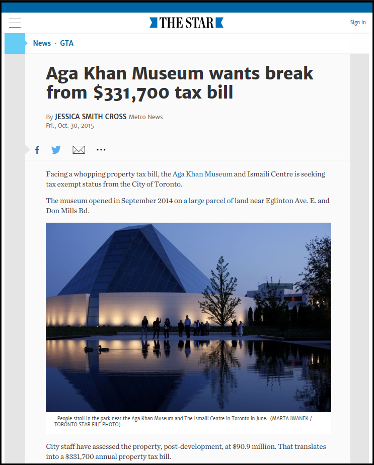 Updated Aga Khan Museum wants tax break - headline snapshot